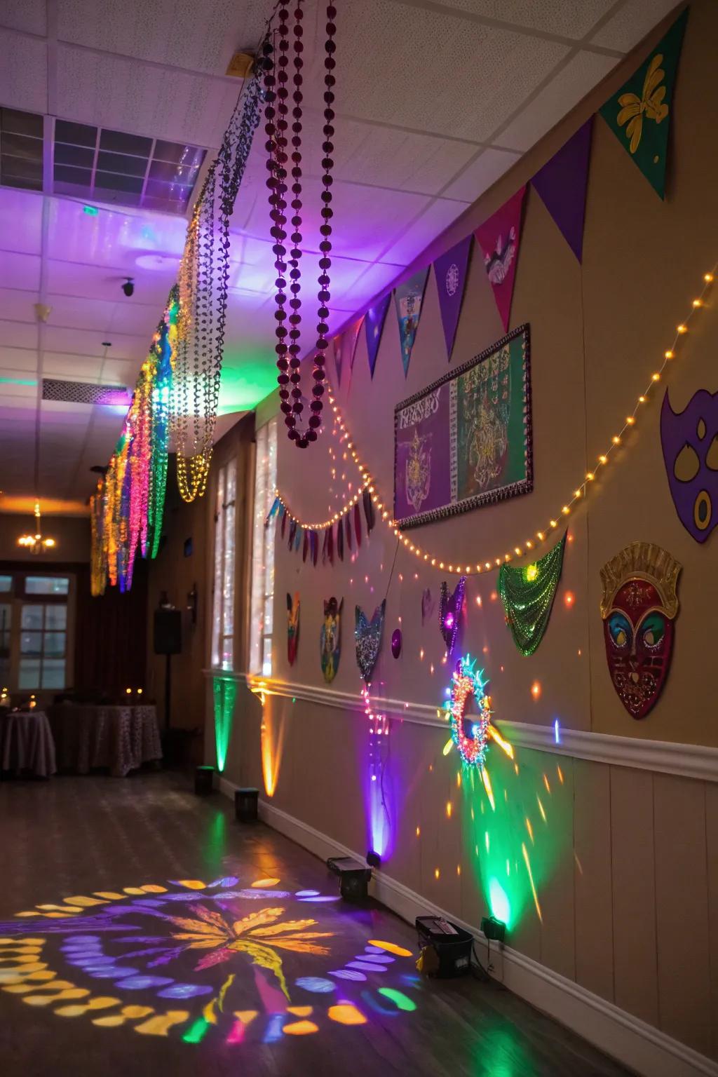 Dynamic illumination effects transform the space into a Mardi Gras fantasy land