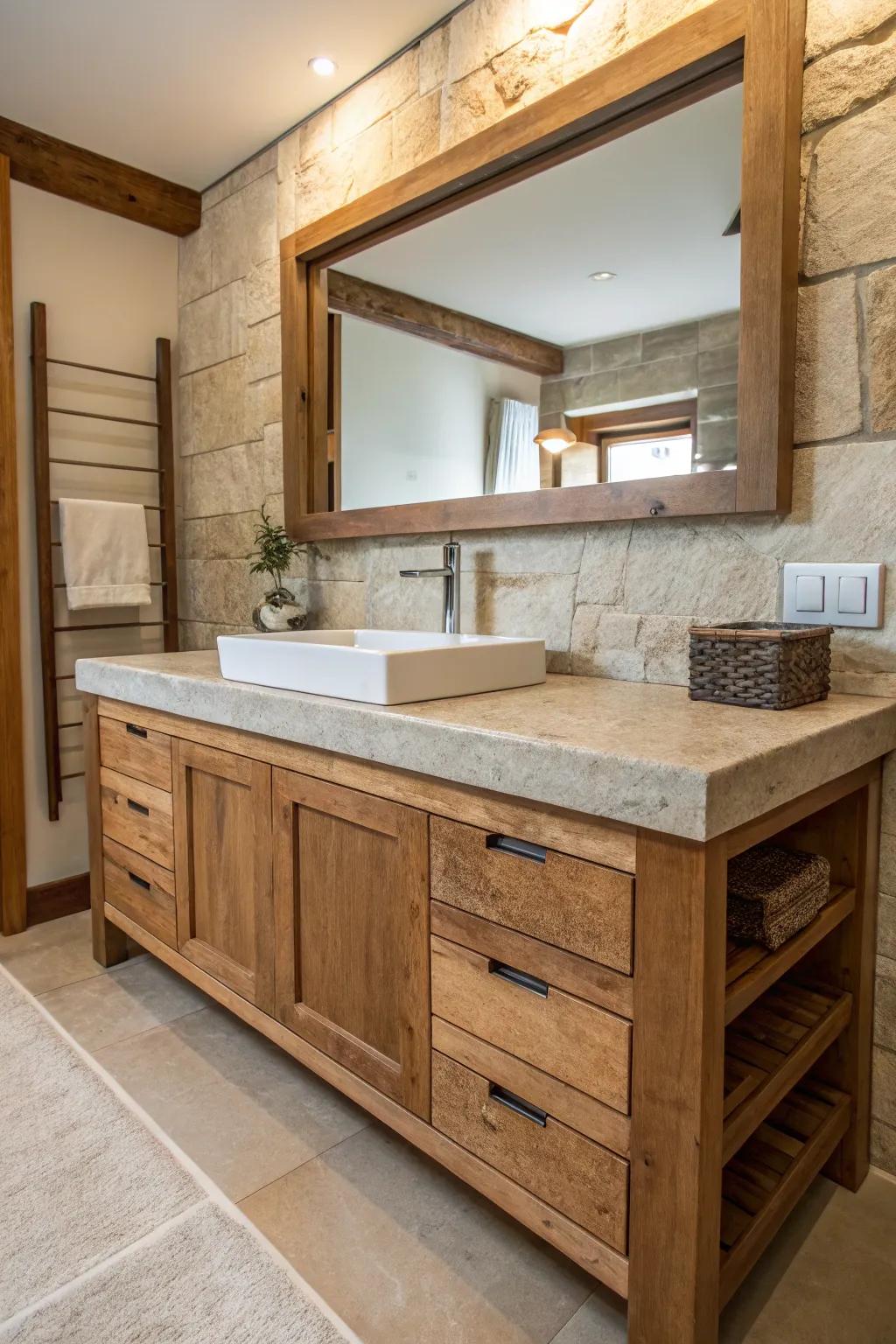 A bathroom vanity constructed from natural stone and wood, providing warmth and texture.