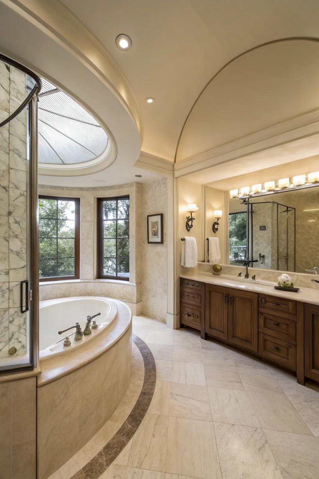Depicted is a contoured blueprint rendering muted cascading configuration across this unique primary bathroom area.