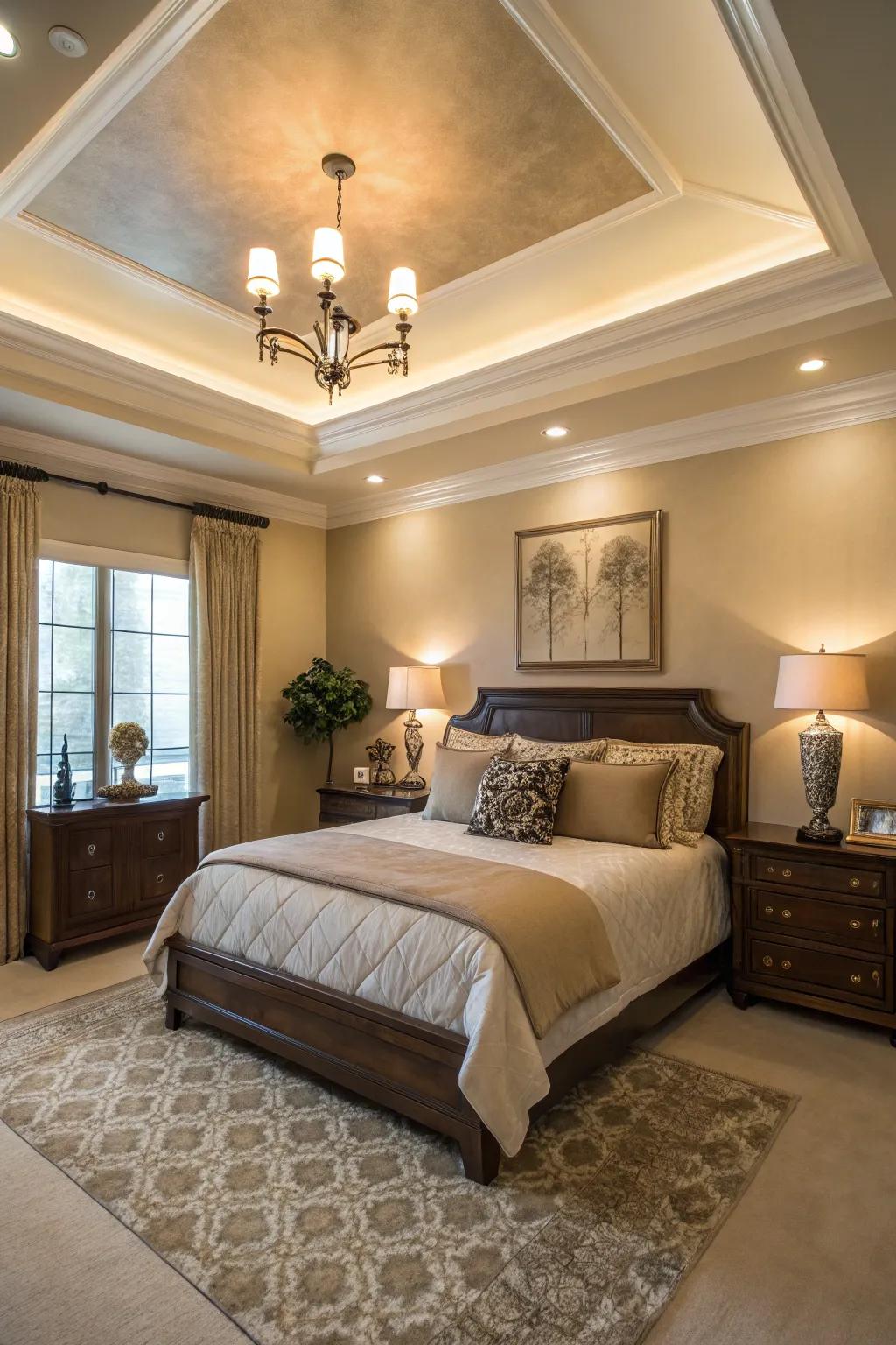 A unified color palette enhances the sophistication of your stepped ceiling.