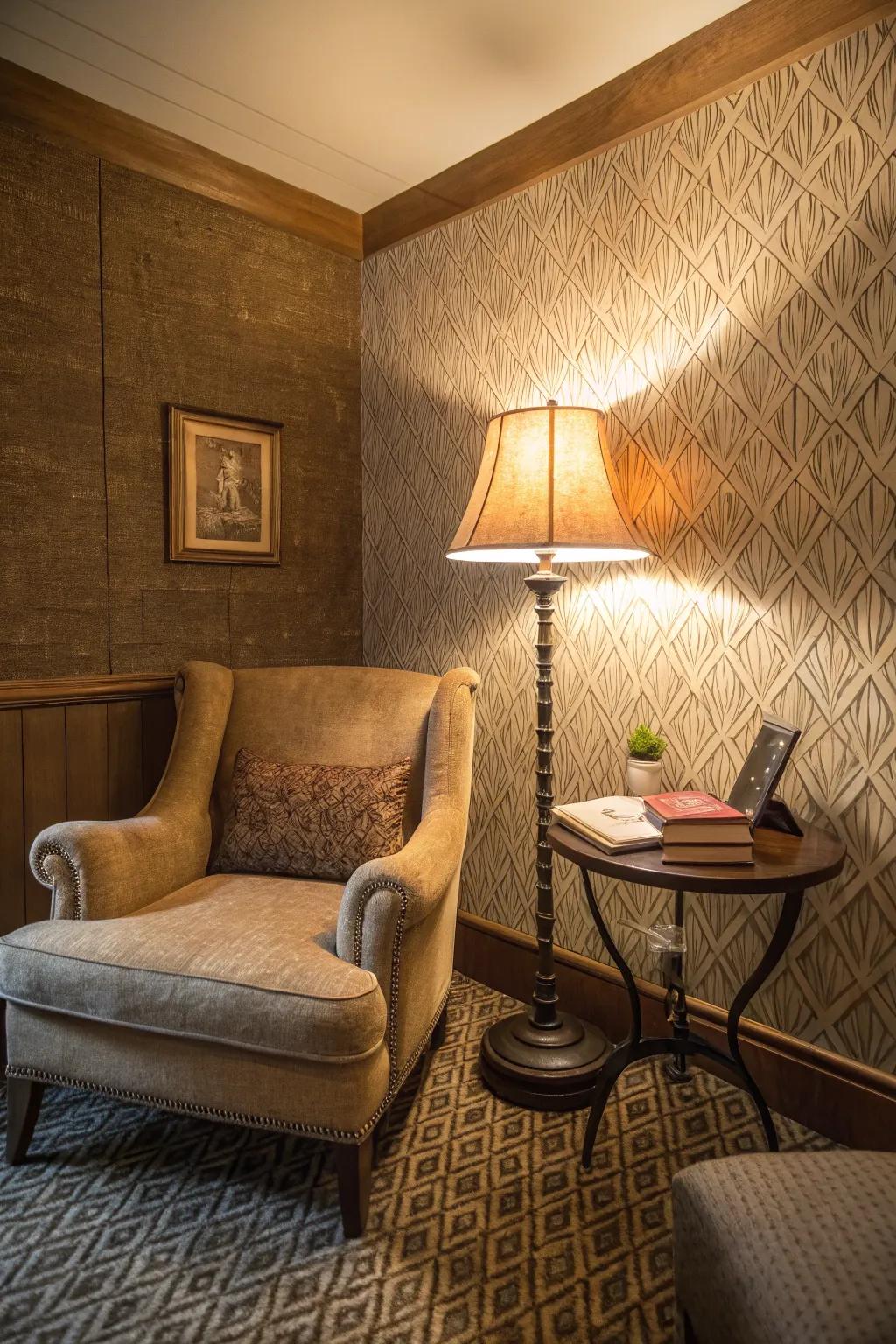 Sculpted wall covering enhances the warmth of a comfortable reading corner.