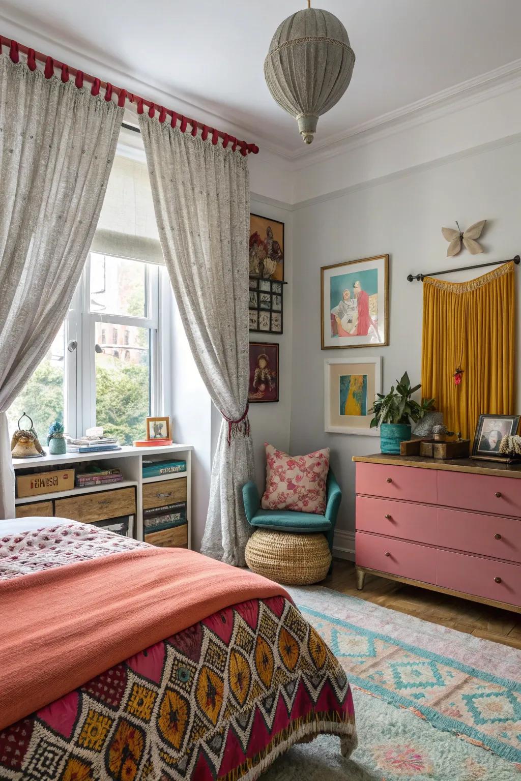 Layered window treatments create a luxurious feel in this bedroom.
