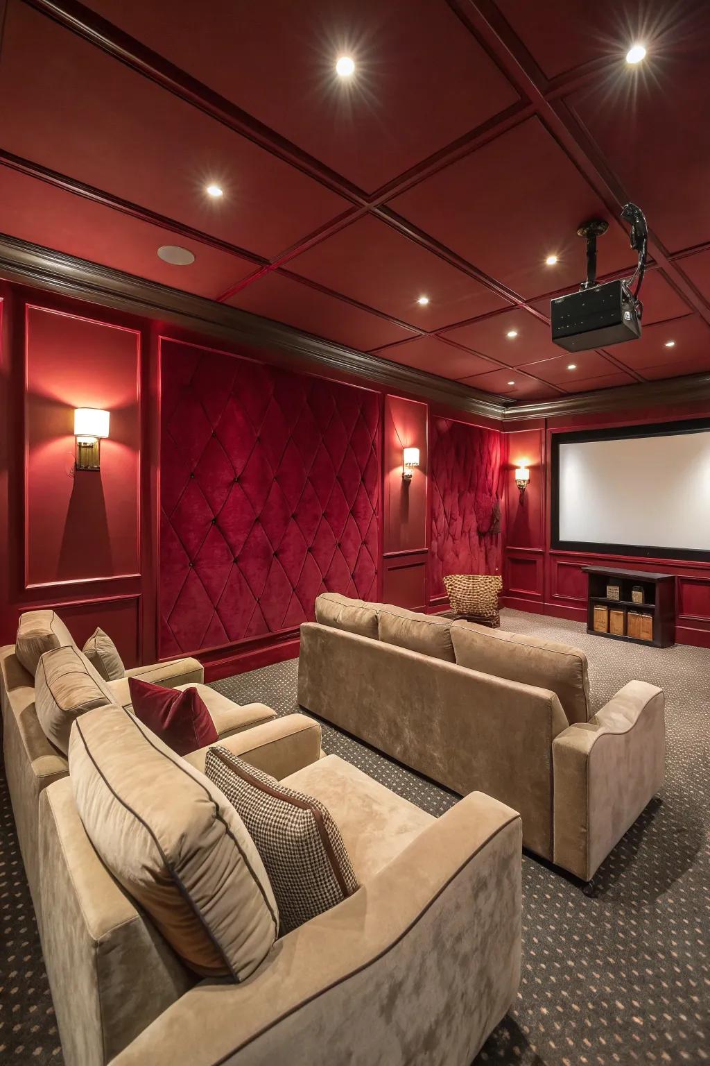 A dramatic media room styled with crimson depths walls, echoing the timeless elegance of a classic theater.