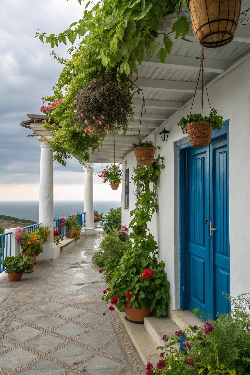 Sky gardens contribute dimension and rich greenery to the porch.
