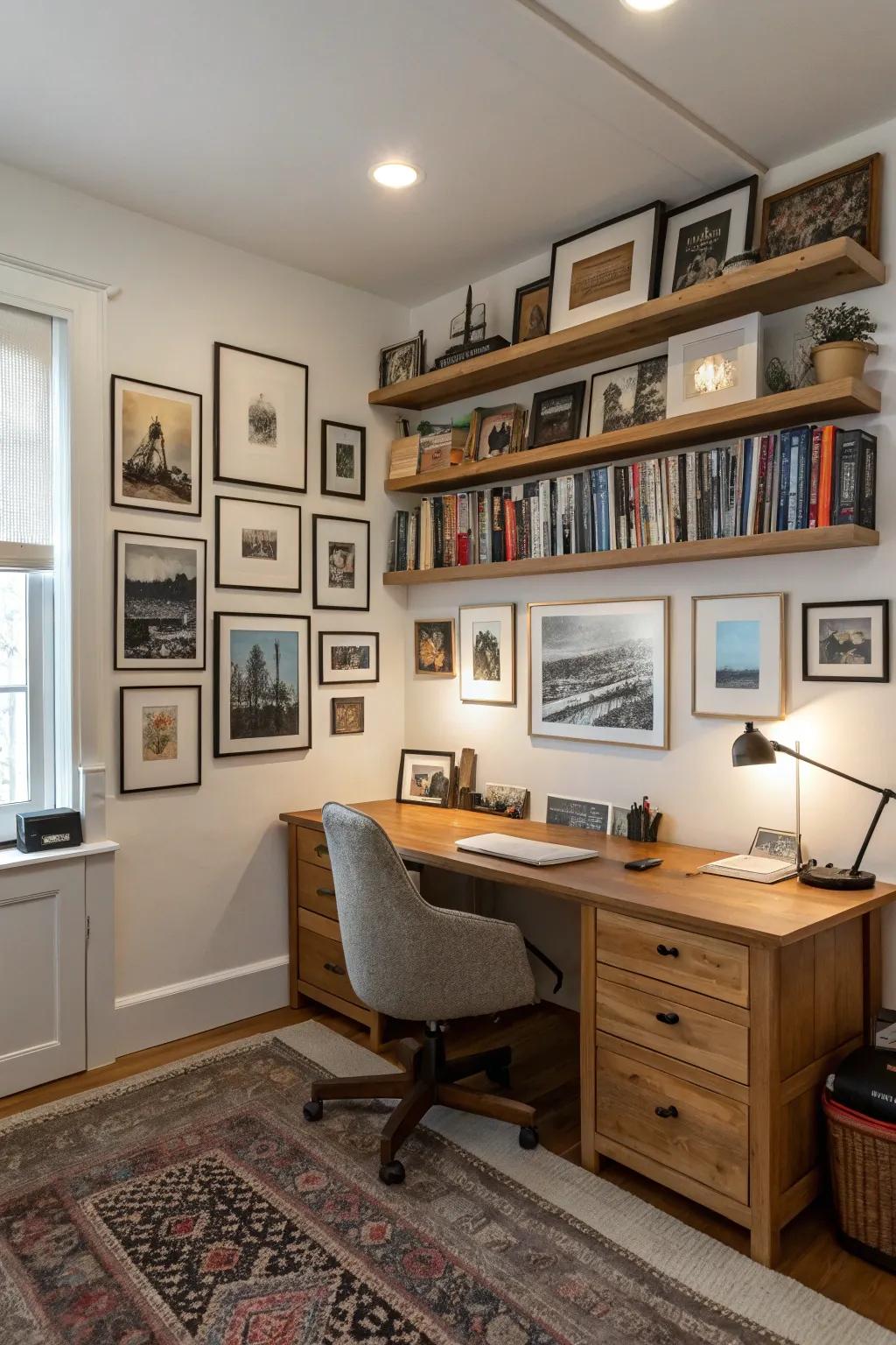 In this office, a showcase wall adds both inspiration and style.