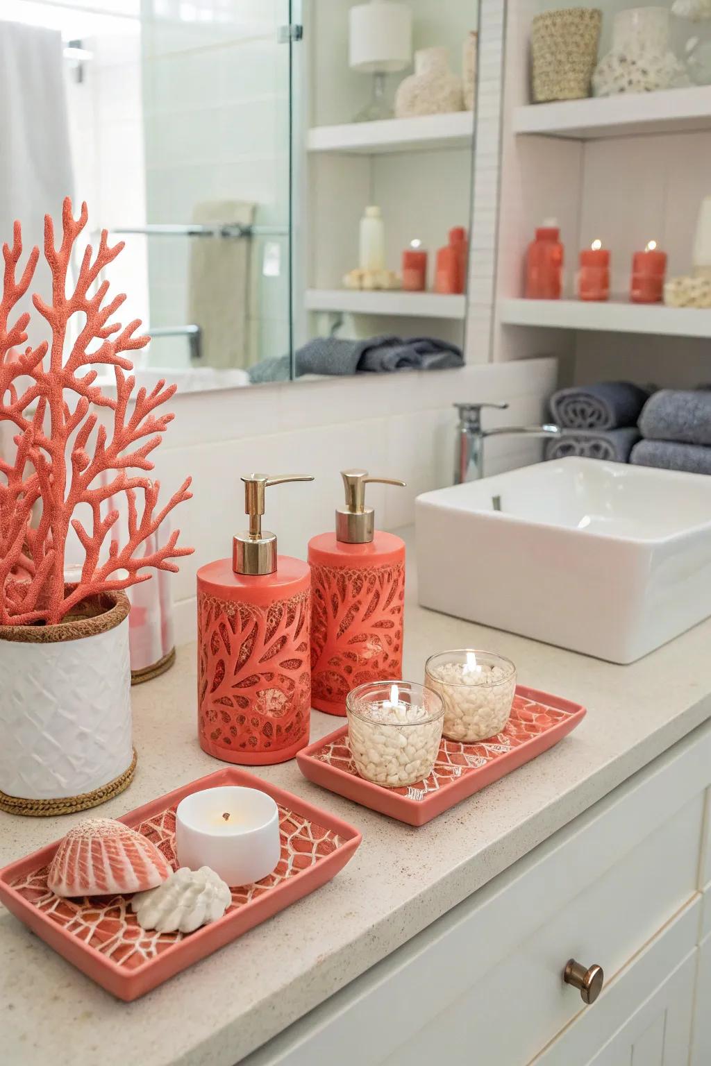 Coral accents incorporate dimension and texture to a mermaid bathroom.