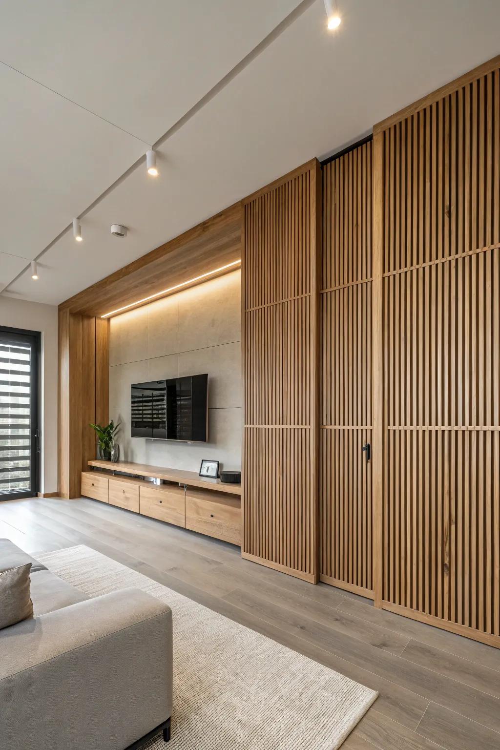 Wood slat structures add grace and texture to the minimalist design.