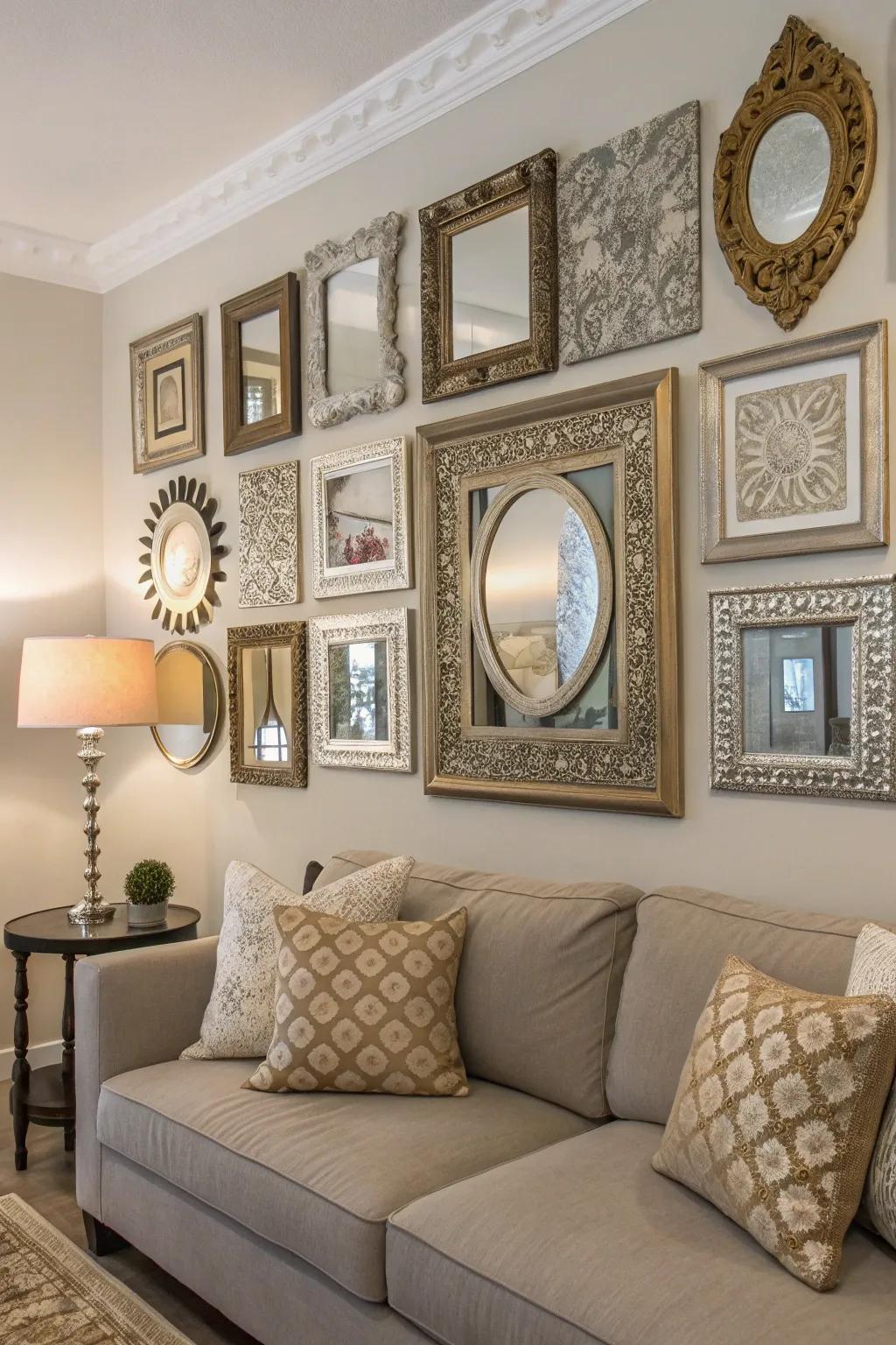 Mirrors with unique frames act as standalone art pieces.