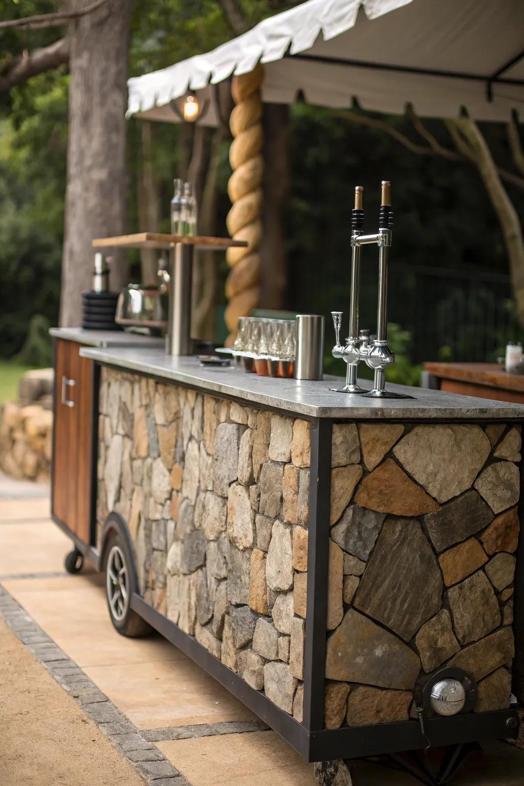 Layered materials add depth and interest to this mobile bar.