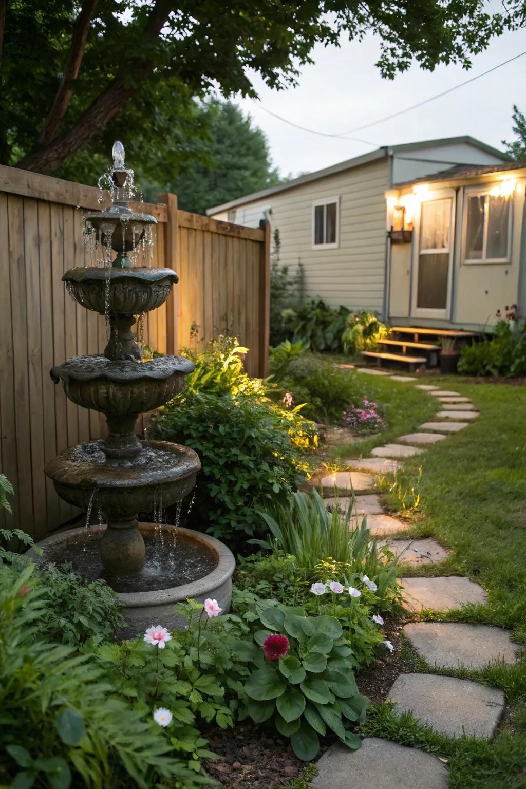 A modest water fountain imparting tranquility to a mobile home garden.