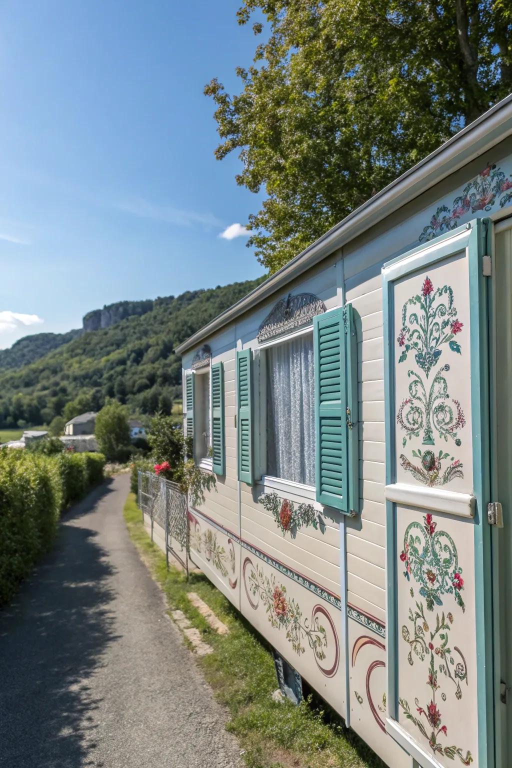 Ornamental hardware infusing flair to mobile home shutters.