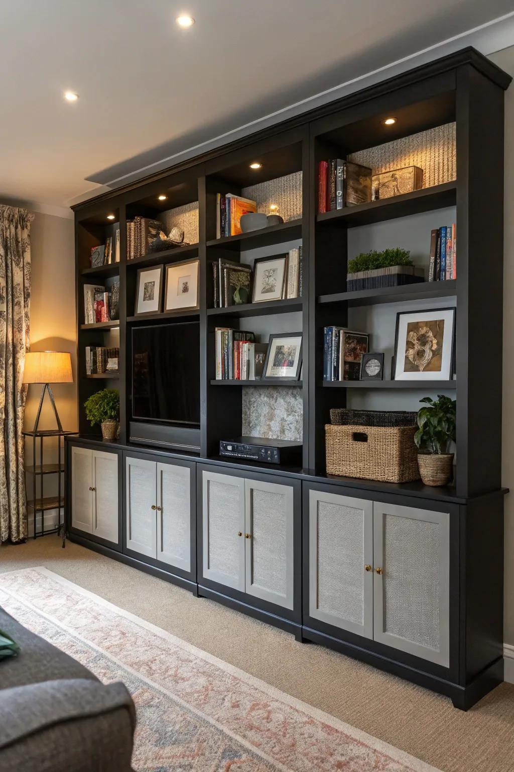 Dark shelving units with grey backgrounds provide a stylish display.