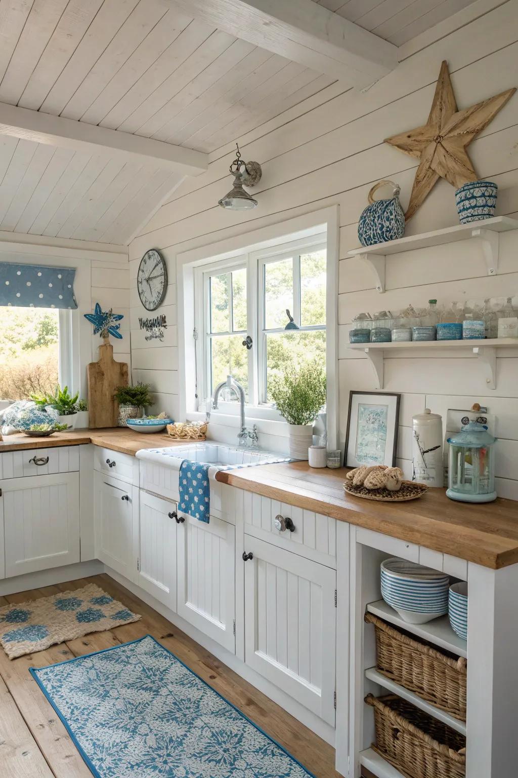 Overlapping board walls contribute countryside appeal to this coastal kitchen.