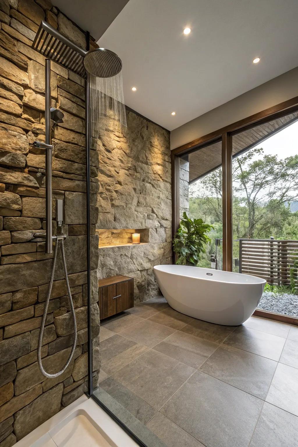 A stone wall adds spectacle and texture to this modern farmhouse bathroom.