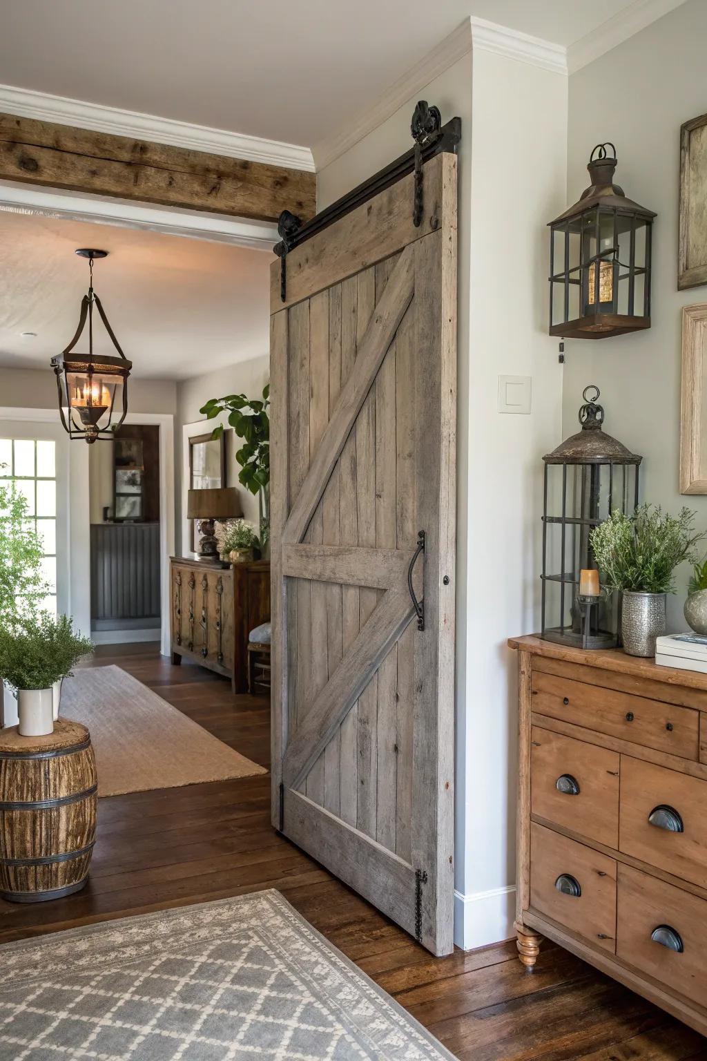 A sliding barn door adds a rustic touch and visual interest.