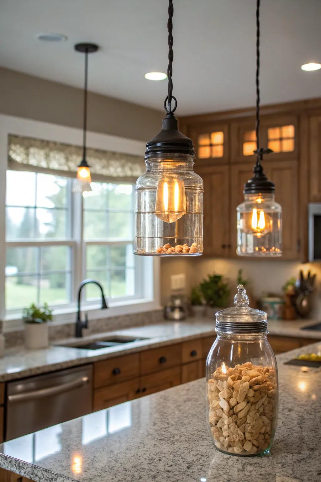 Glass container drop lights integrate nostalgic charm to kitchens.