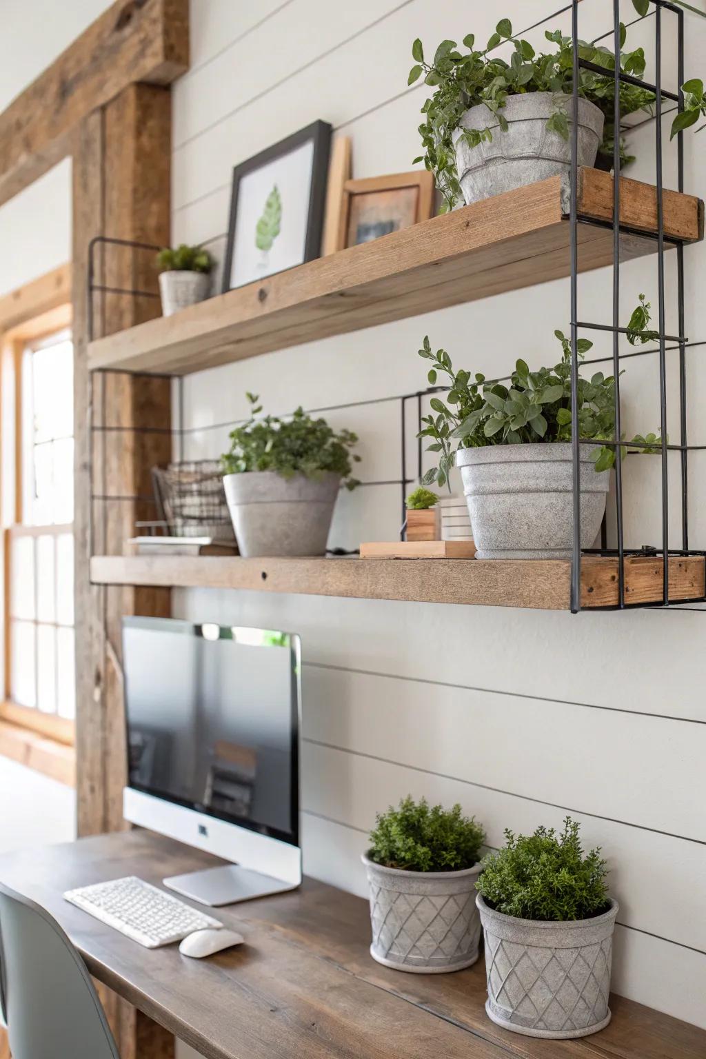 Hanging racks with greenery in a revitalizing home office.