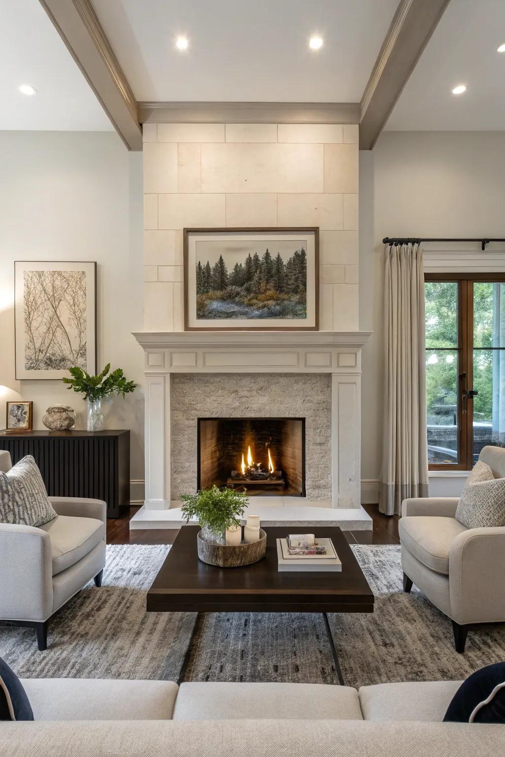 A symmetrical fireplace bringing balance and harmony to the area.