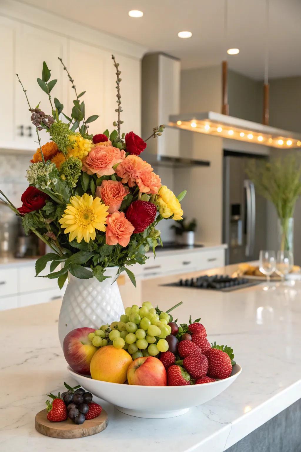An unexpected fusion of flowers and fruits for a refreshing aesthetic.
