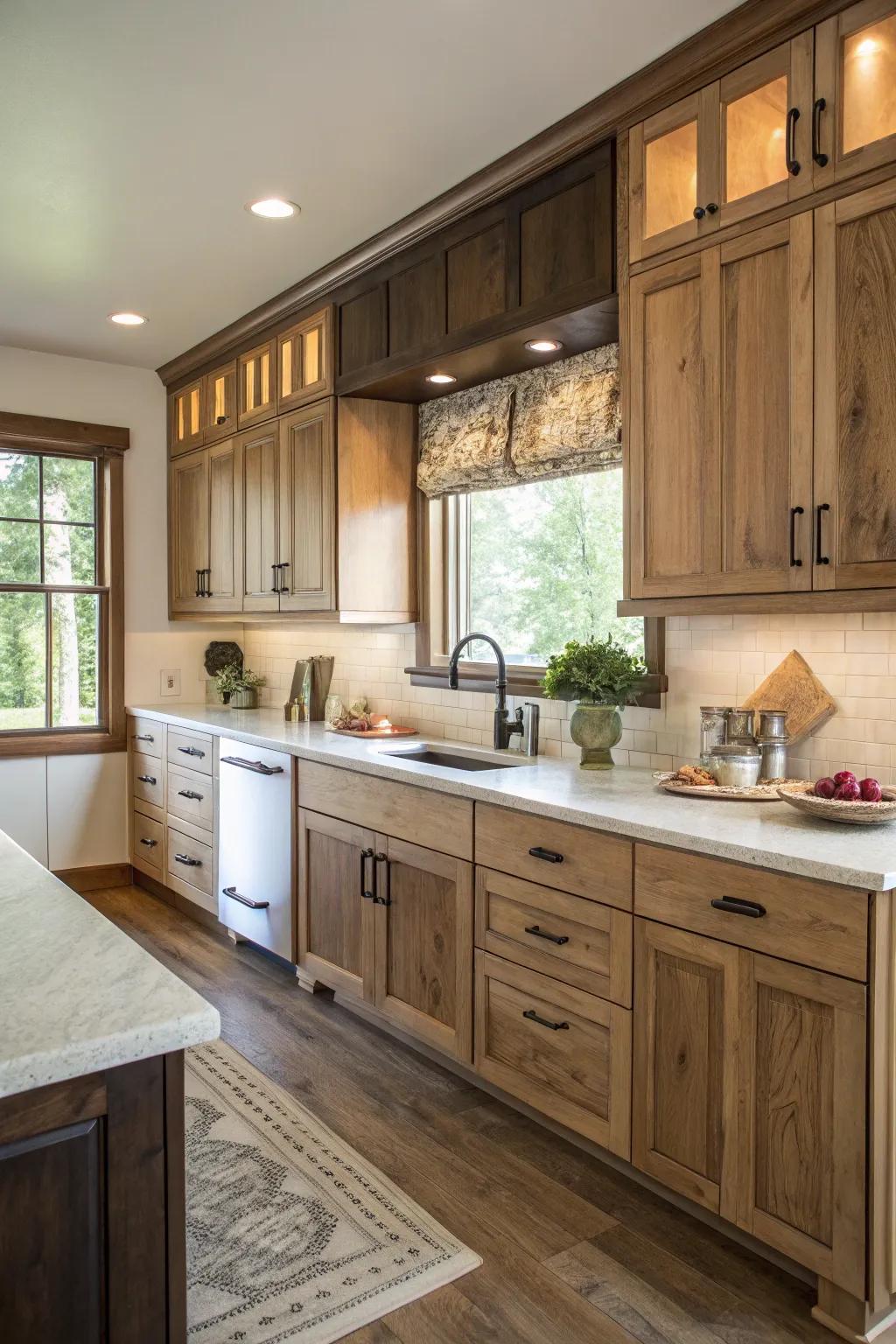 A dual-tone layout adds depth and design to hickory kitchens.