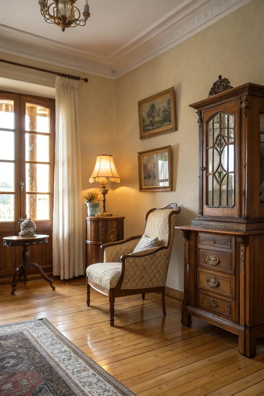 Classic charm encounters modern elegance on pale wood floors.