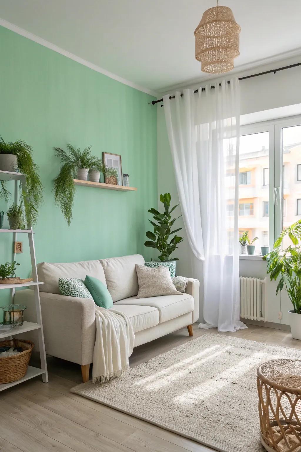 Mint green walls offer a fresh and rejuvenating feel to this open living room.