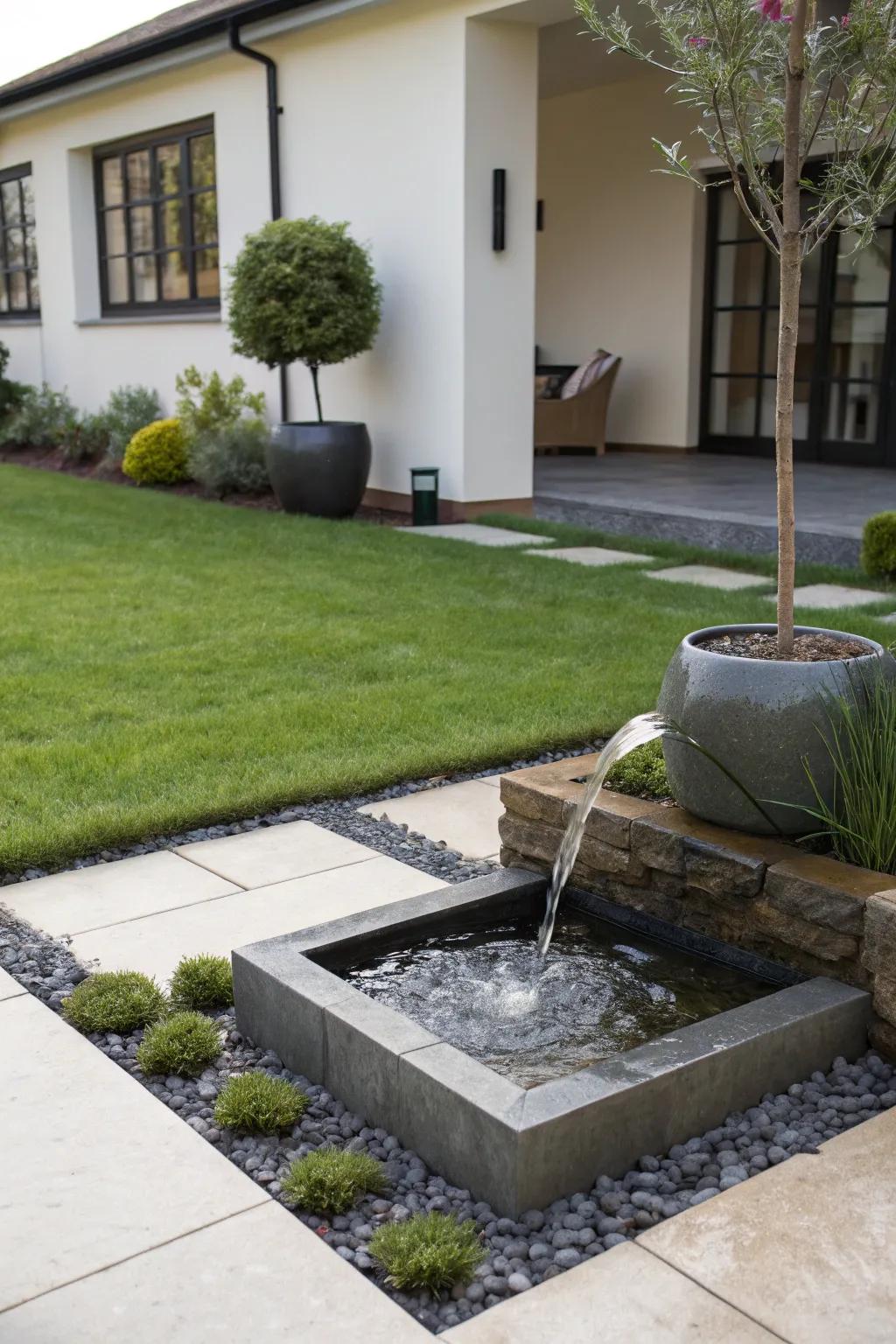 A simple water feature adding peace to a modern front garden.