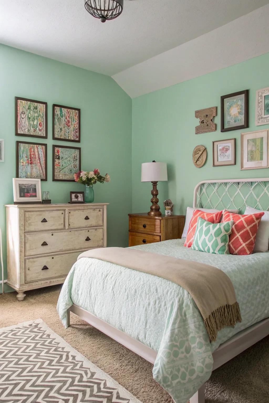 A harmonious fusion of timeless and modern elements in a soft jade bedroom.