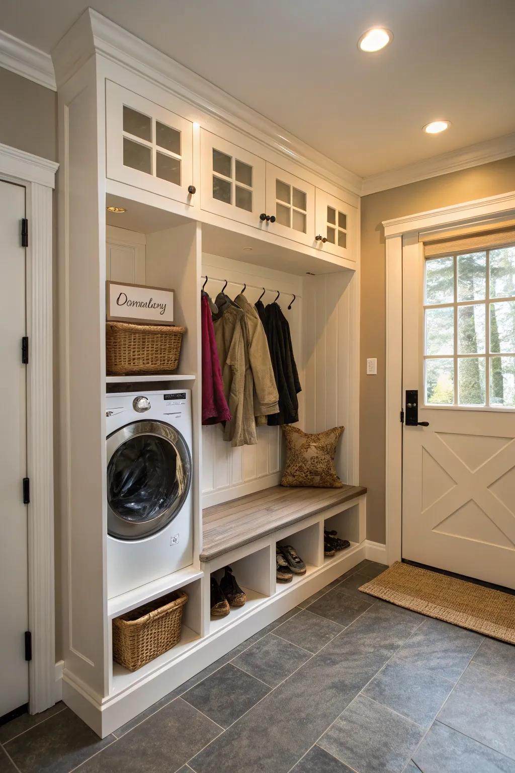 A hidden laundry corner amplifies mudroom functionality.