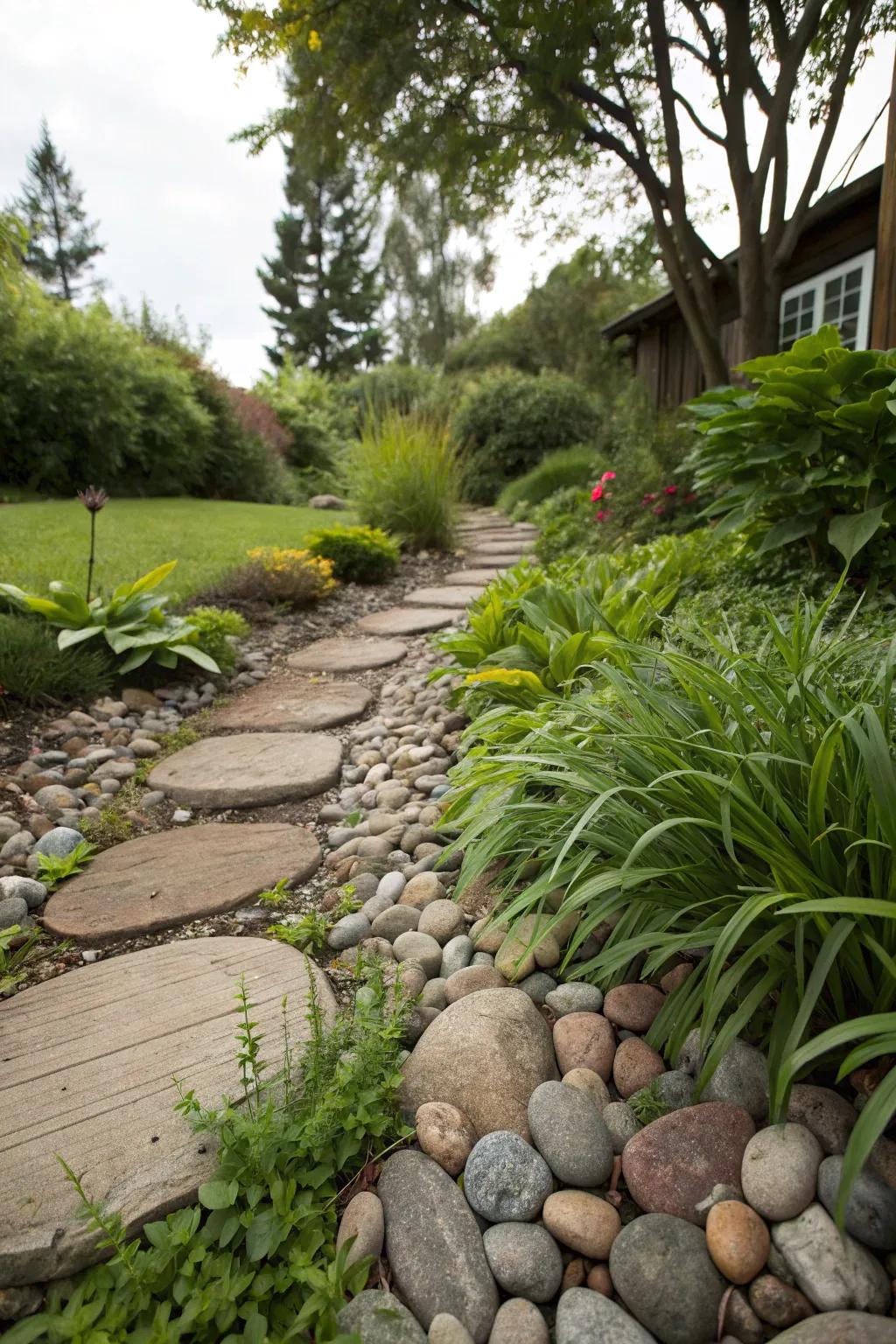 Stream rocks impart country allure and contrast to your garden.