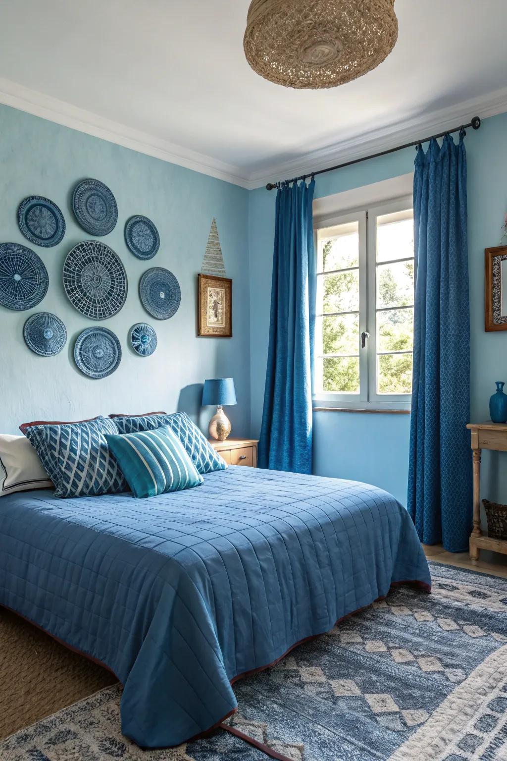 Stratifying different shades of blue adds depth and interest to the room.