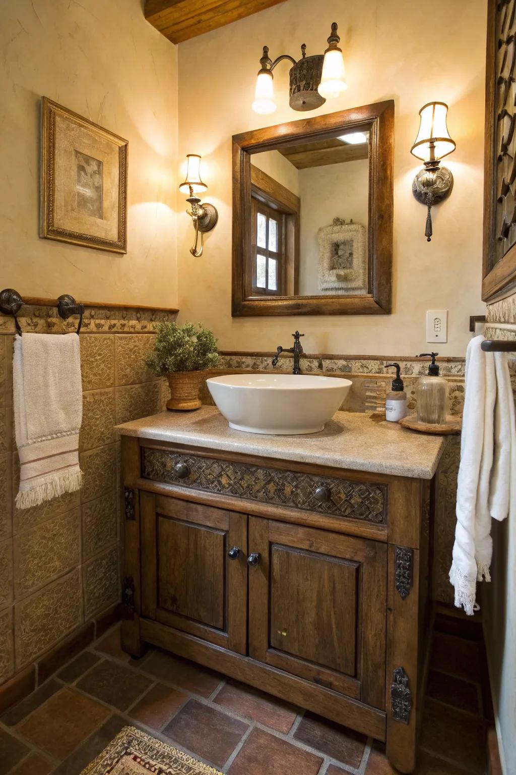 Vintage fixtures inject timeless sophistication into a modern-rustic bathroom setting.