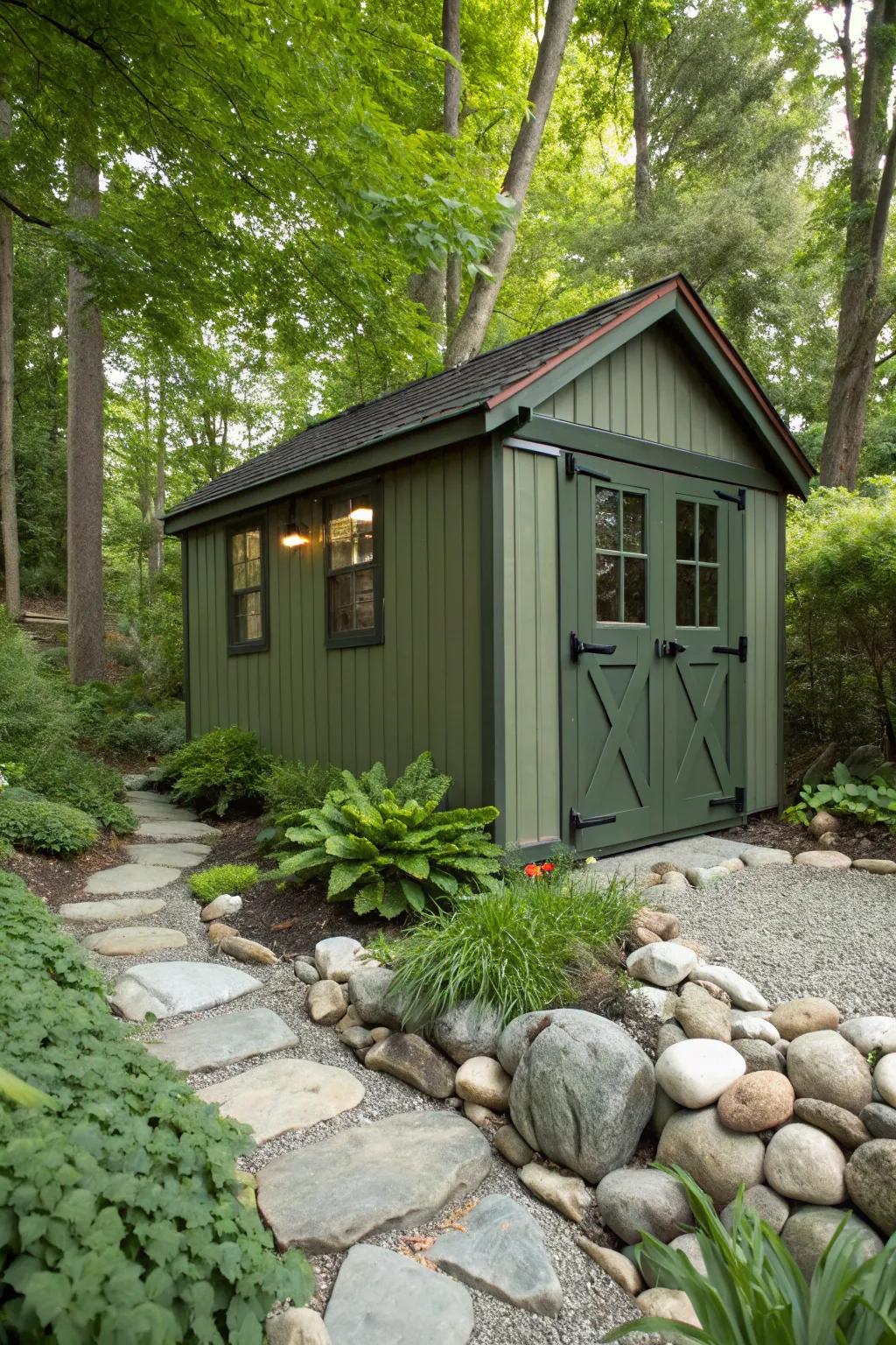 An olive green shed, an epitome of subtle sophistication.