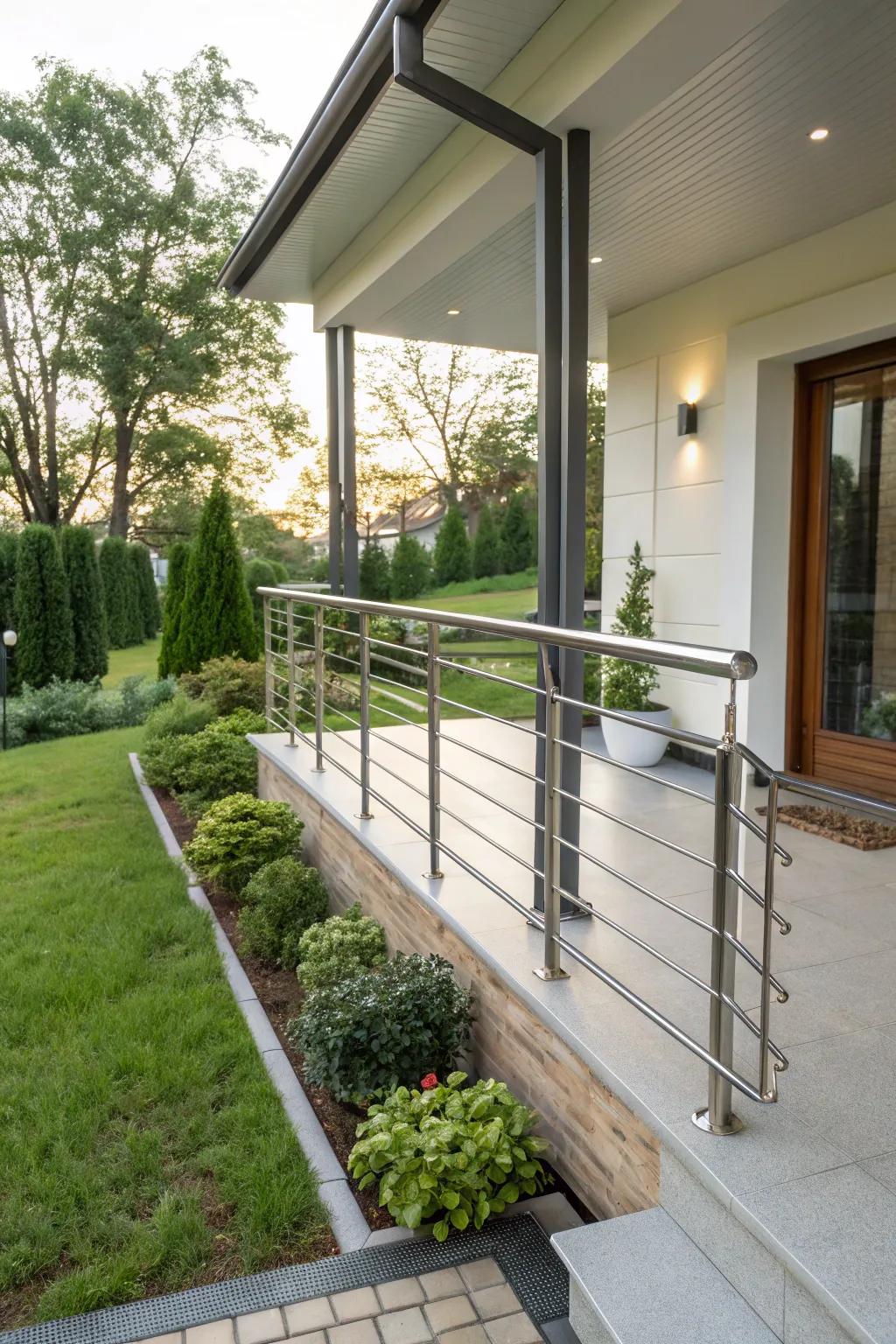 A small front porch featuring sleek railings, enhancing both its modern aesthetic and safety.