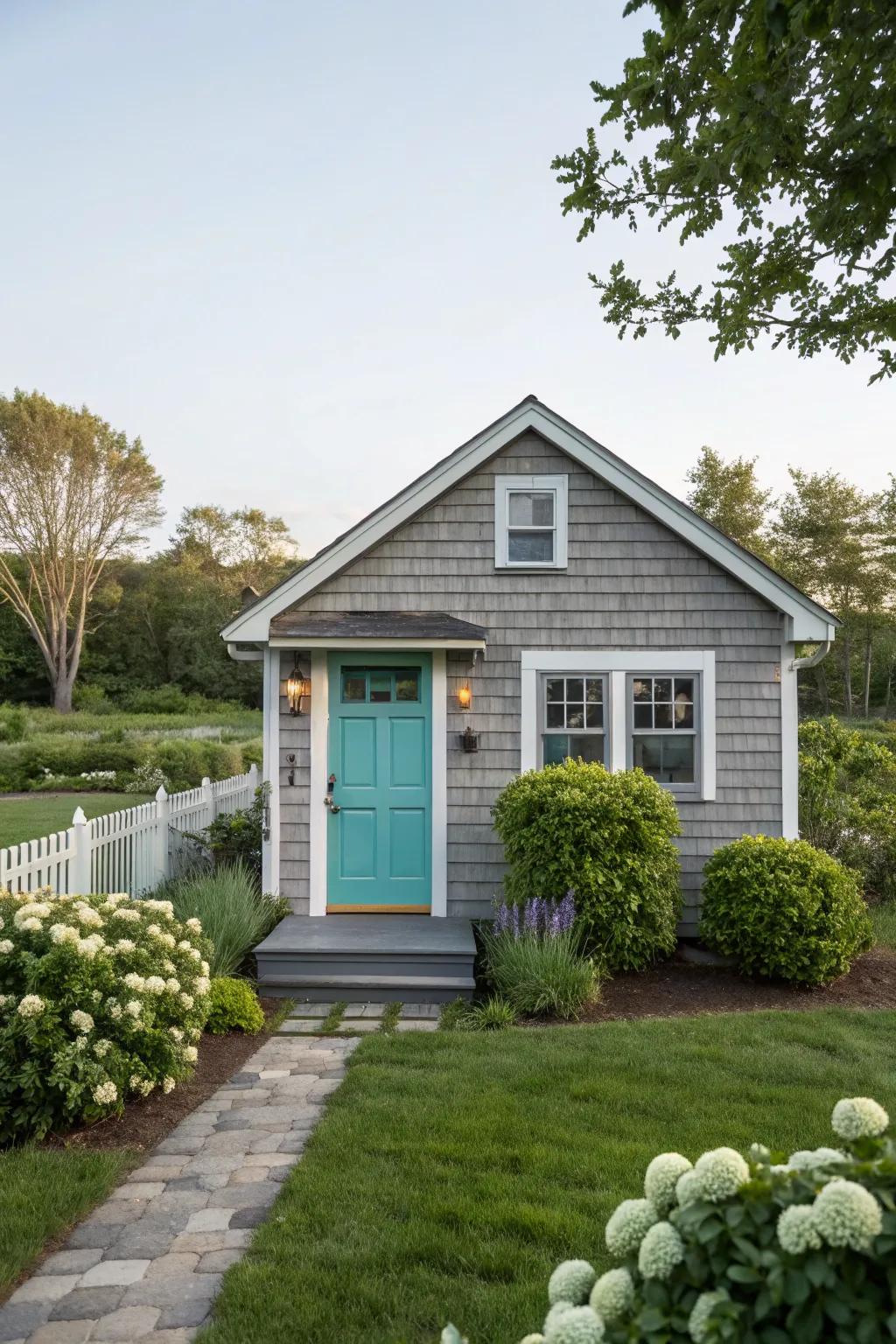 Gray shades and a teal entrance provide an elegant, subtle facade.
