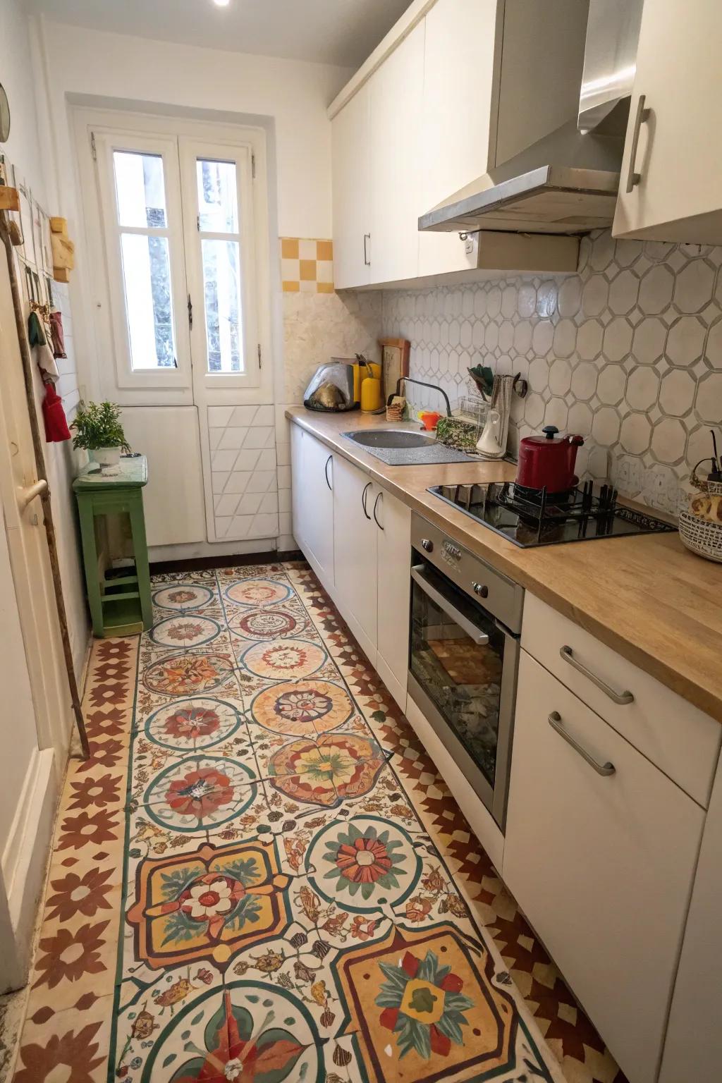 Bold patterned coverings making a statement in a small kitchen