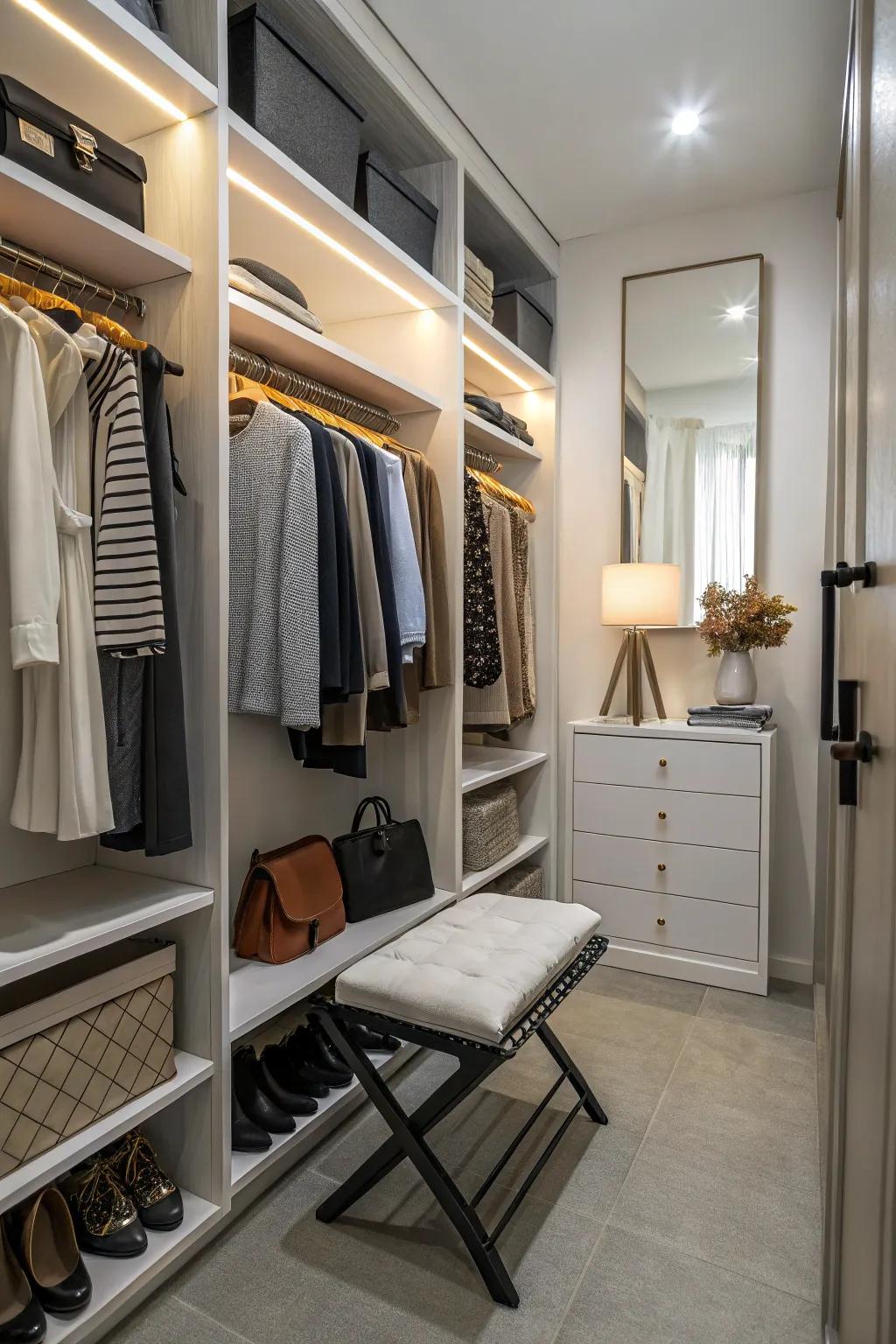 A folding seat adds convenience without occupying space.