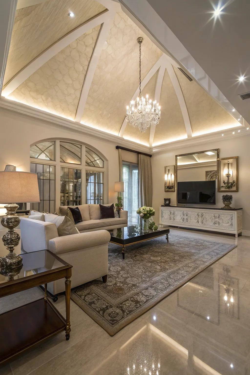 Light-bouncing surfaces enhance light and area, introducing glamour to this living space.