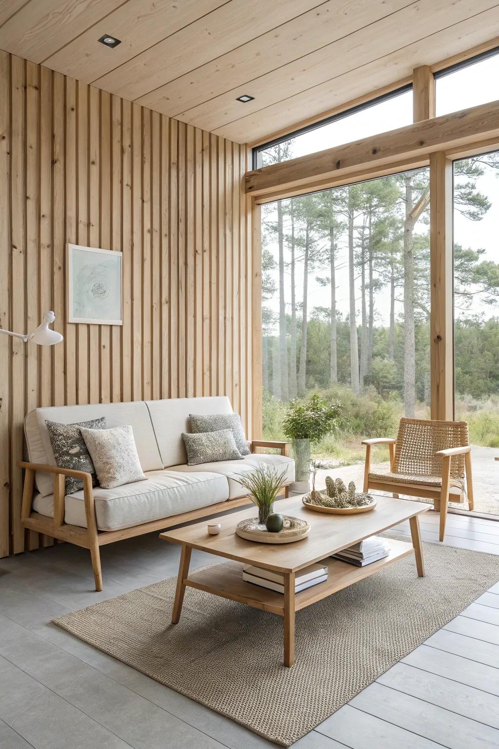 Capture Scandinavian simplicity with a light timber panel wall.