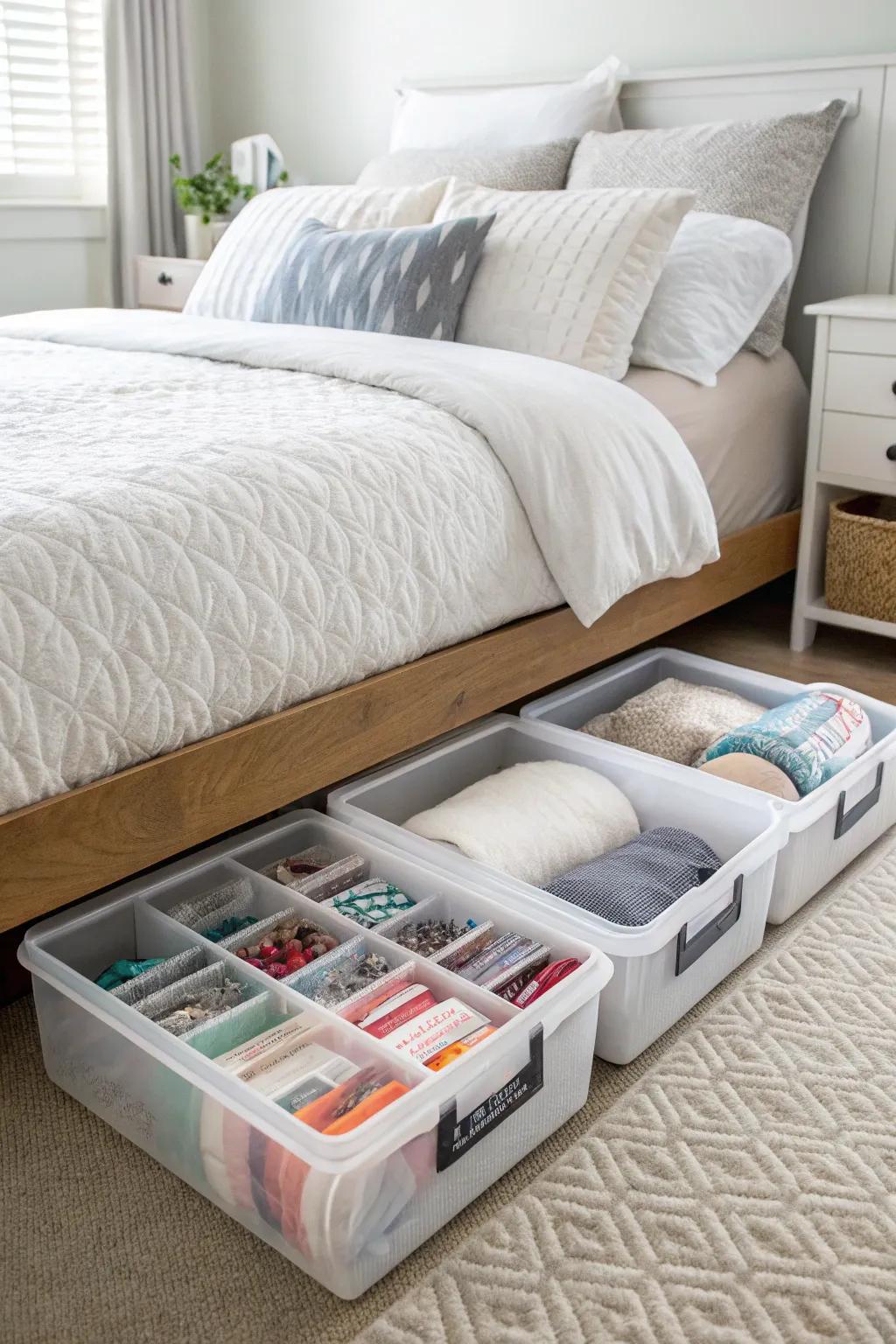 Under-bed storage helps sustain a tidy and organized bedroom.