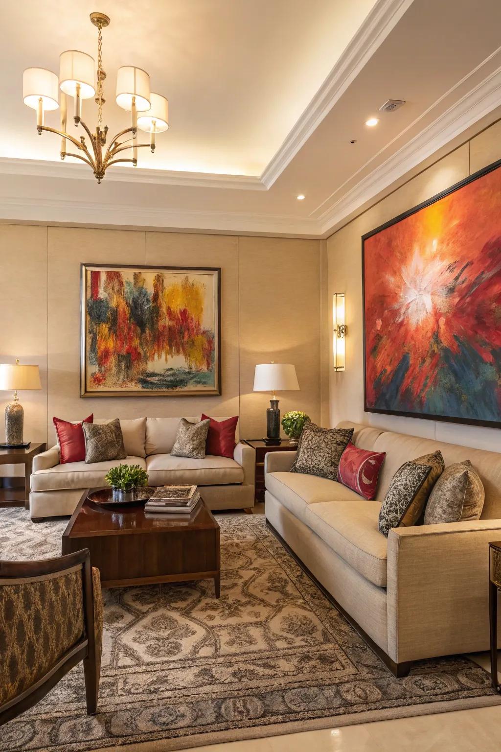 A bold artwork creating a focal point in a moody living room.
