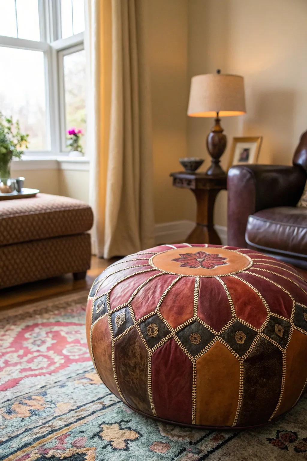 A stylish Moroccan leather seating cushion enhancing any room's decor.