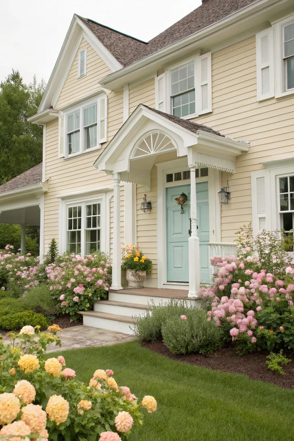 Light cerulean front door enhances the tranquility of a beige house.