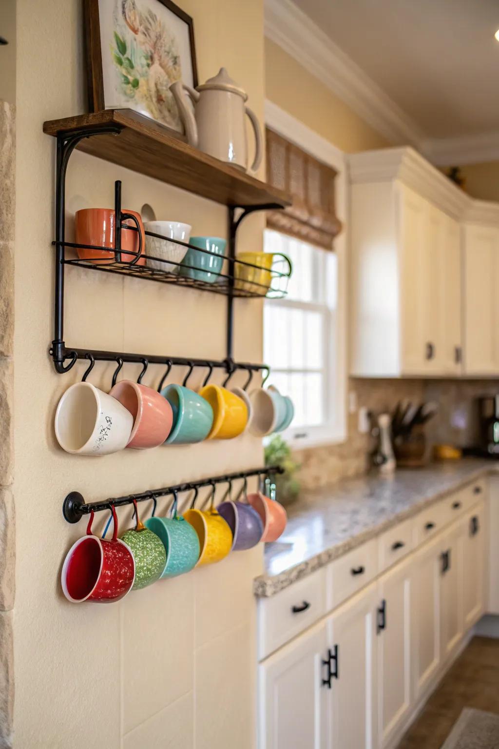 Enhance your kitchen decor with a floating shelf rack for mugs.