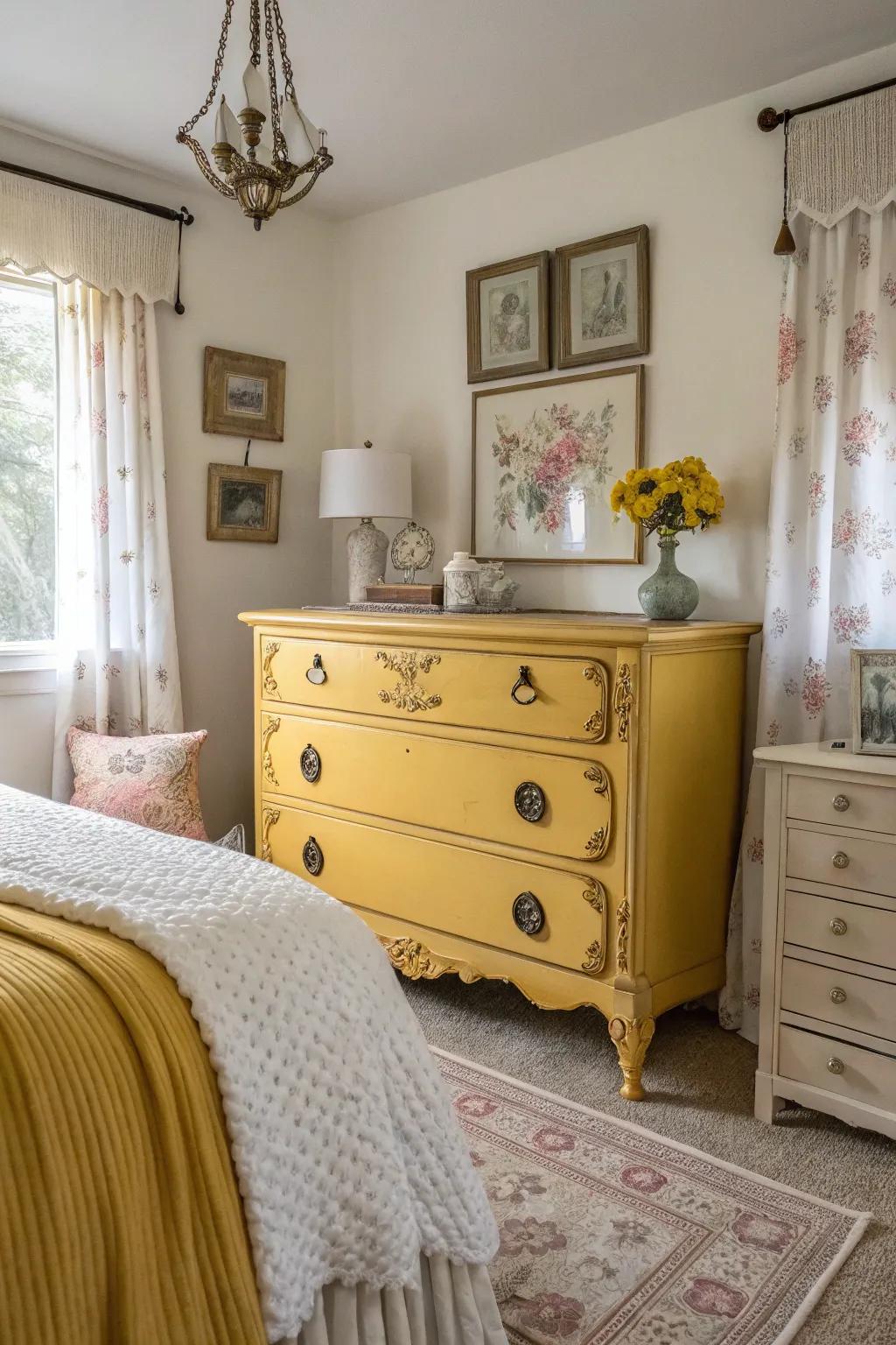 A rest space featuring a vintage goldenrod dresser with complementing decor.