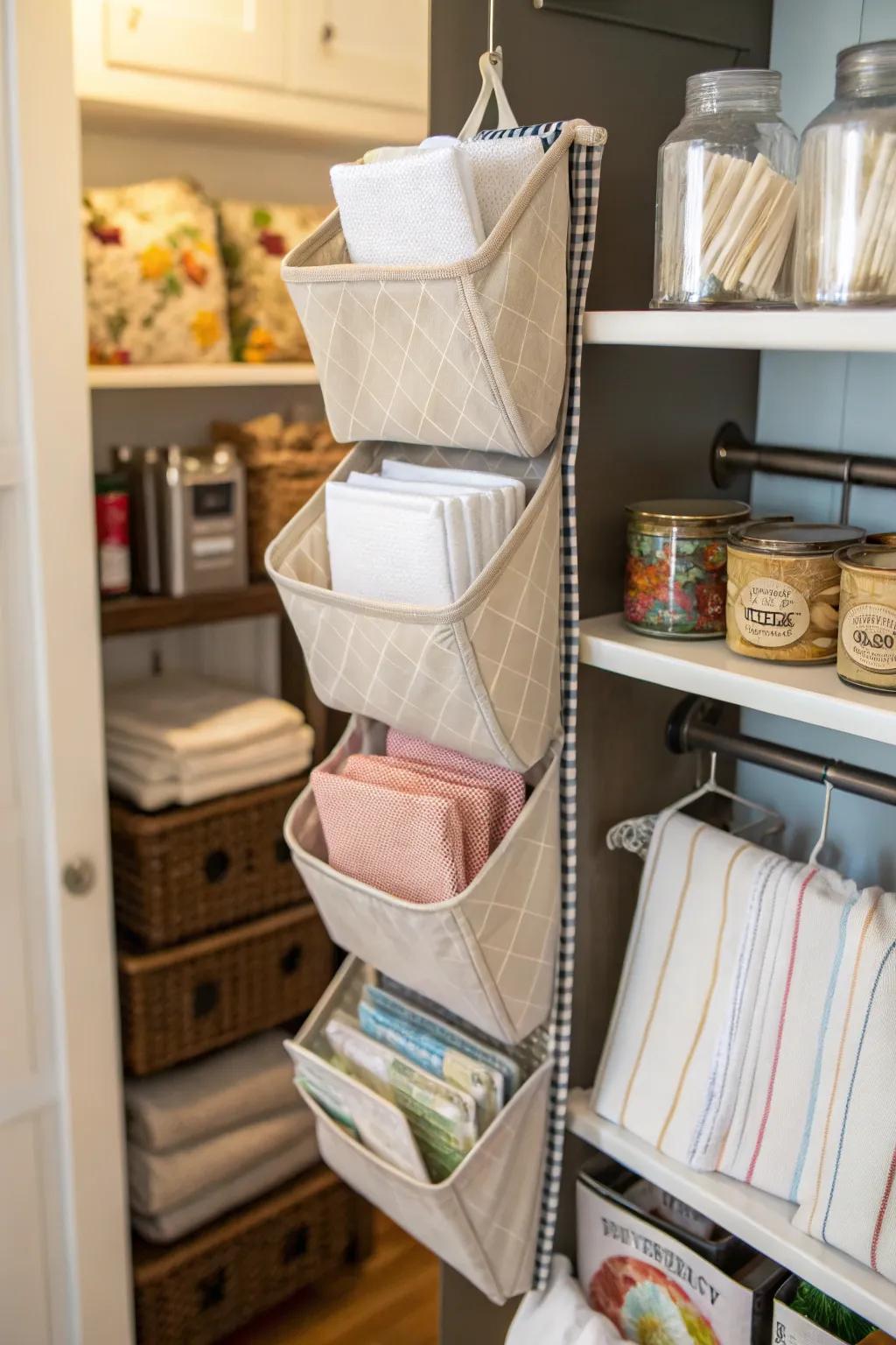 Hanging organizers render napkin storage both handy and obtainable.