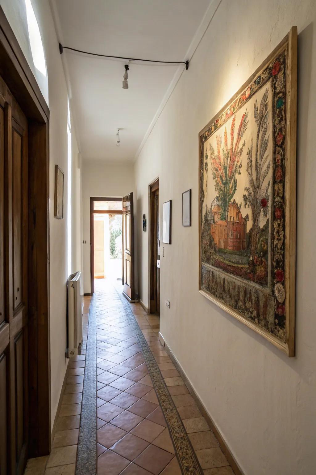 Large-scale art can create a bold statement in narrow rooms.