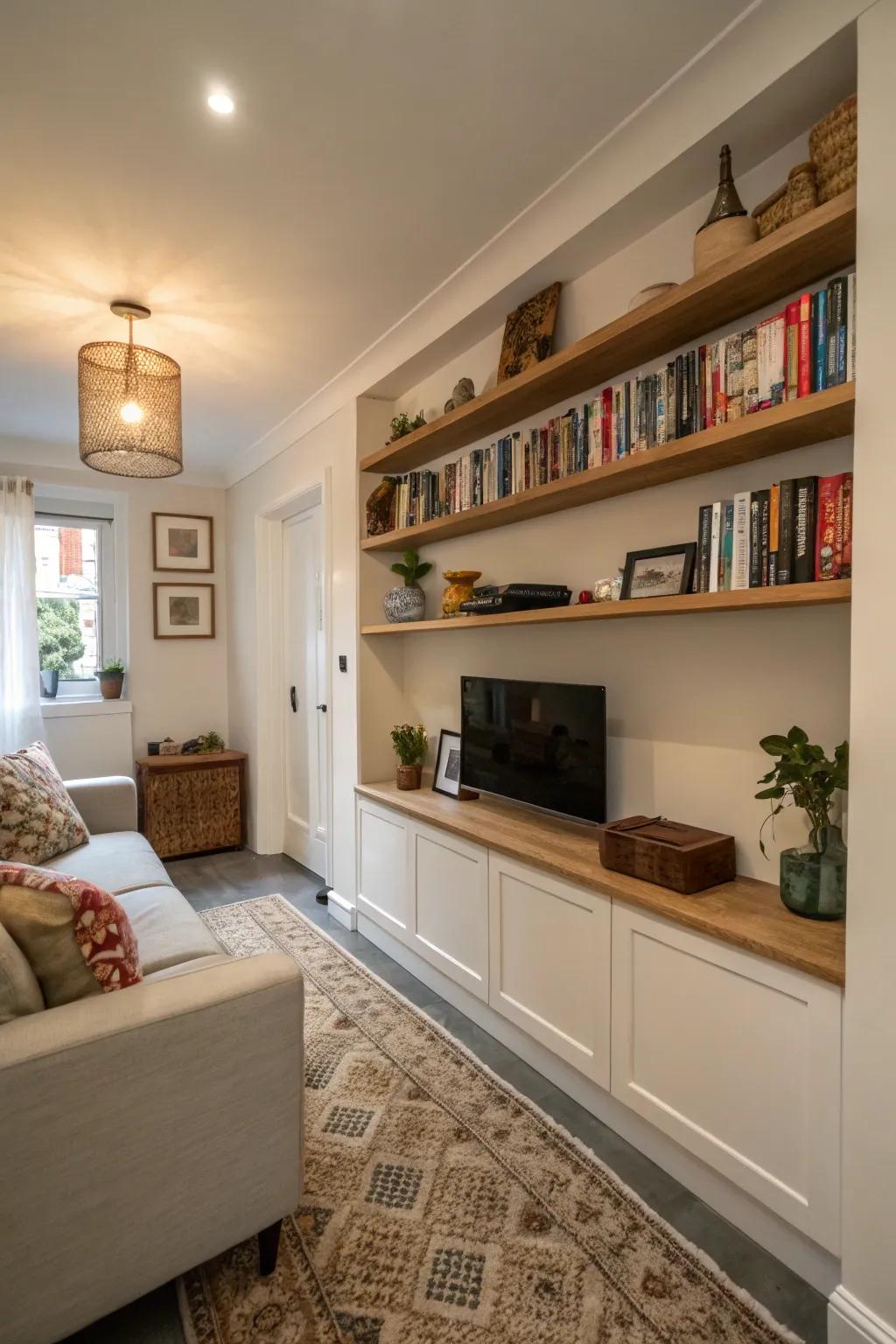 Exposed hanging shelves providing storage without cluttering a narrow living space.
