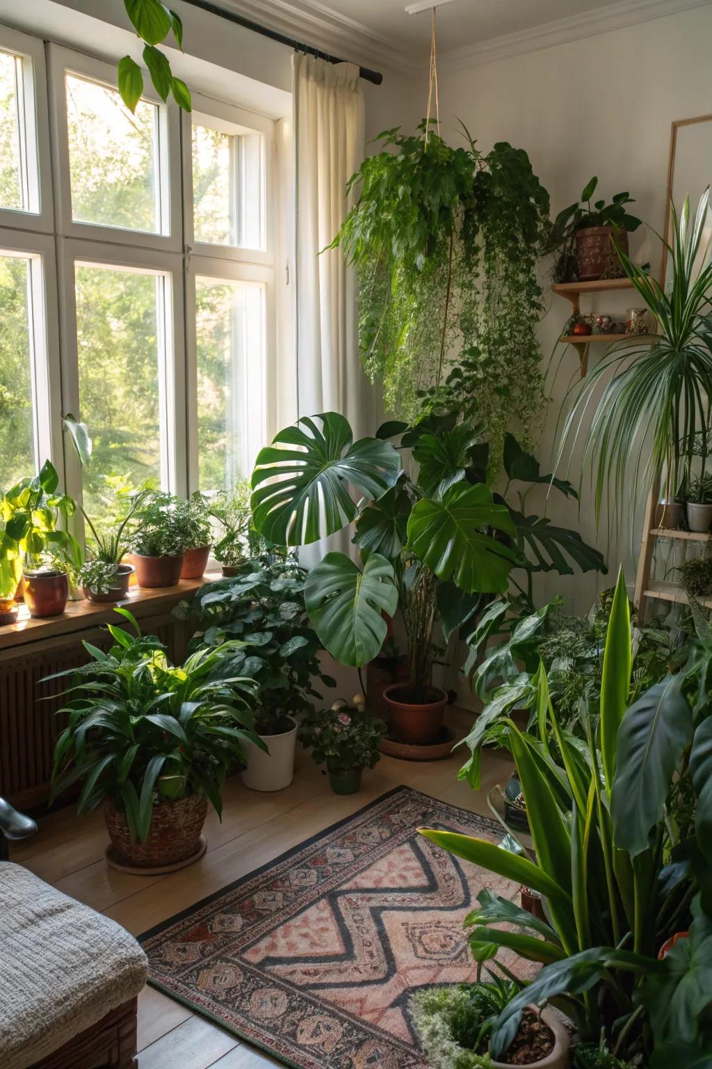 An indoor green sanctuary brings lively greenery indoors.