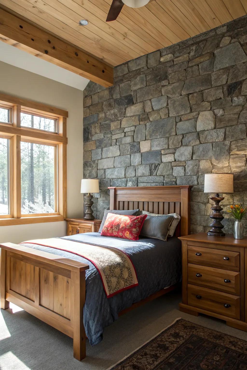 Stone pieces build feel and an organic aesthetic to the bedroom.